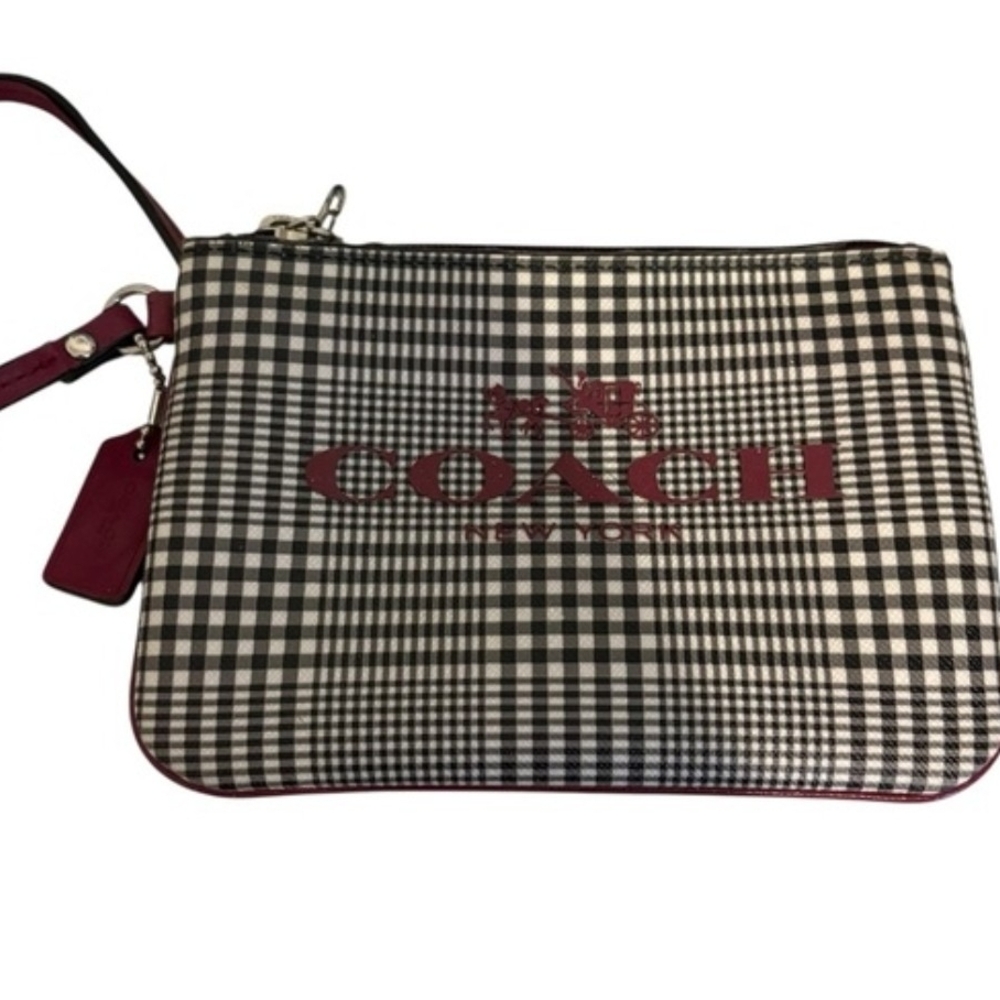 Coach Black & White Plaid Wristlet with Burgundy Logo
